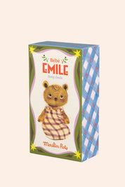 A boxed product labeled 'Bébé EMILE Baby Emile' with an illustration of a teddy bear wearing a plaid outfit. The box has green borders, a blue-and-white patterned side panel, and the brand name 'Moulin Roty' at the bottom.
Moulin Roty- Les Minouchkas - Baby Emile the little bear - Strawberries & Cream 