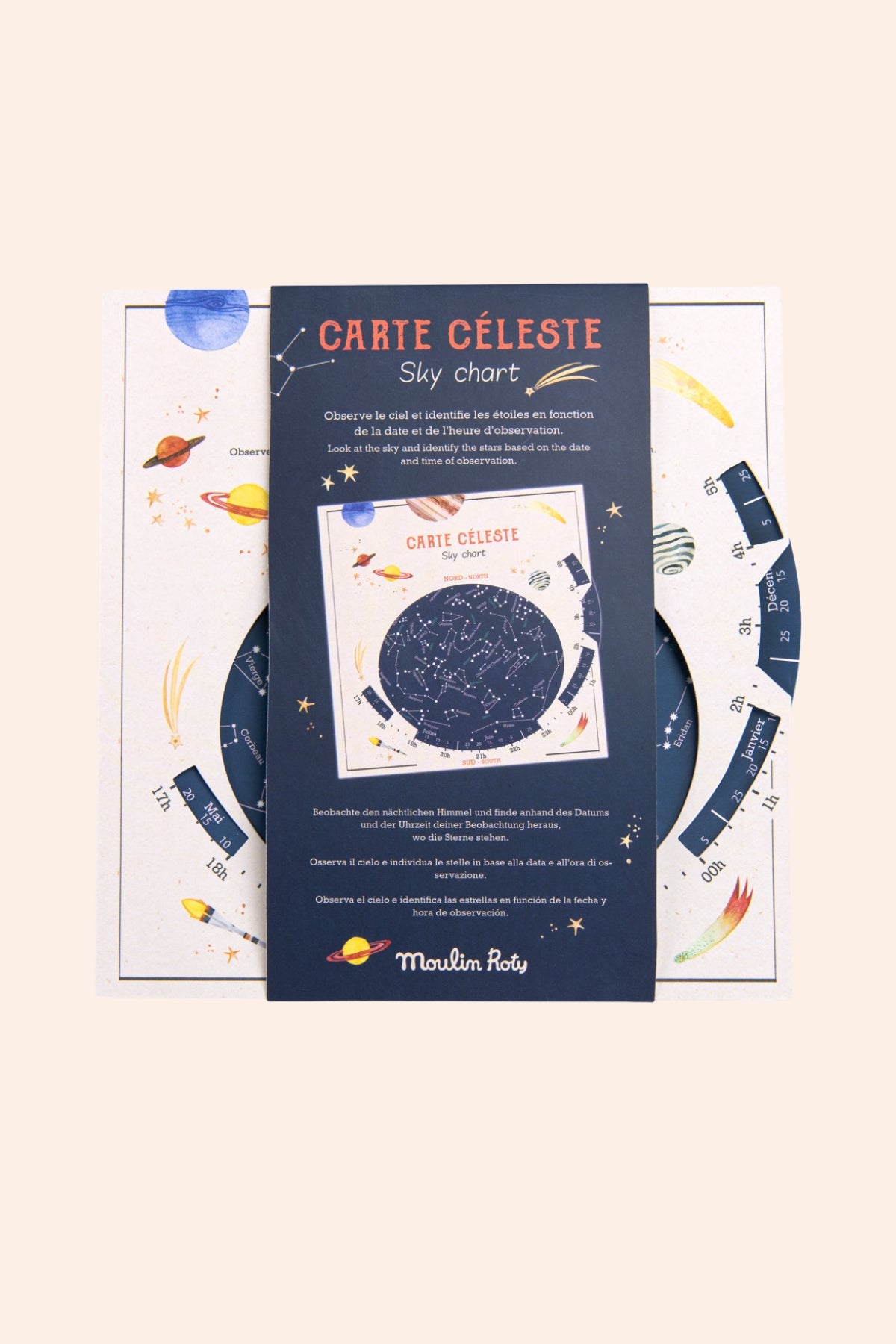 A children's sky chart activity kit by Maison Roby, featuring a dark blue instruction card titled 'CARTE CÉLESTE Sky chart' placed over a white circular chart with illustrated celestial elements.