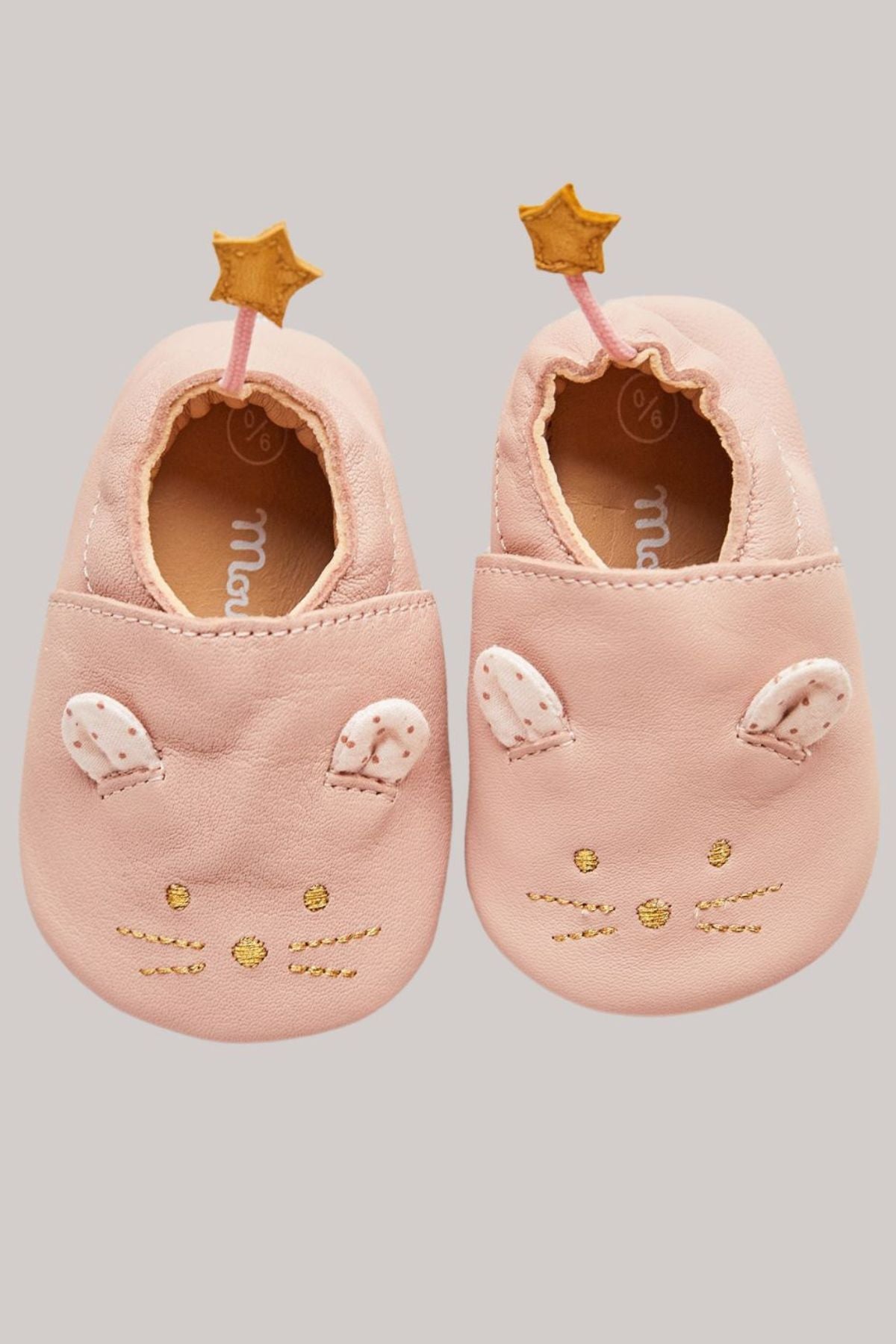 Moulin Roty - Pink Leather Mouse Slippers - Strawberries & Cream - Ingrid Lewis - Designer 
Pair of pink baby shoes with bunny ears and star decorations