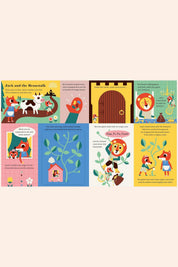 My First - Lift the flap - Fairy Tales -  Strawberries & Cream - Ingrid Lewis Designer
Illustrated pages from a children's book with colourful scenes and characters