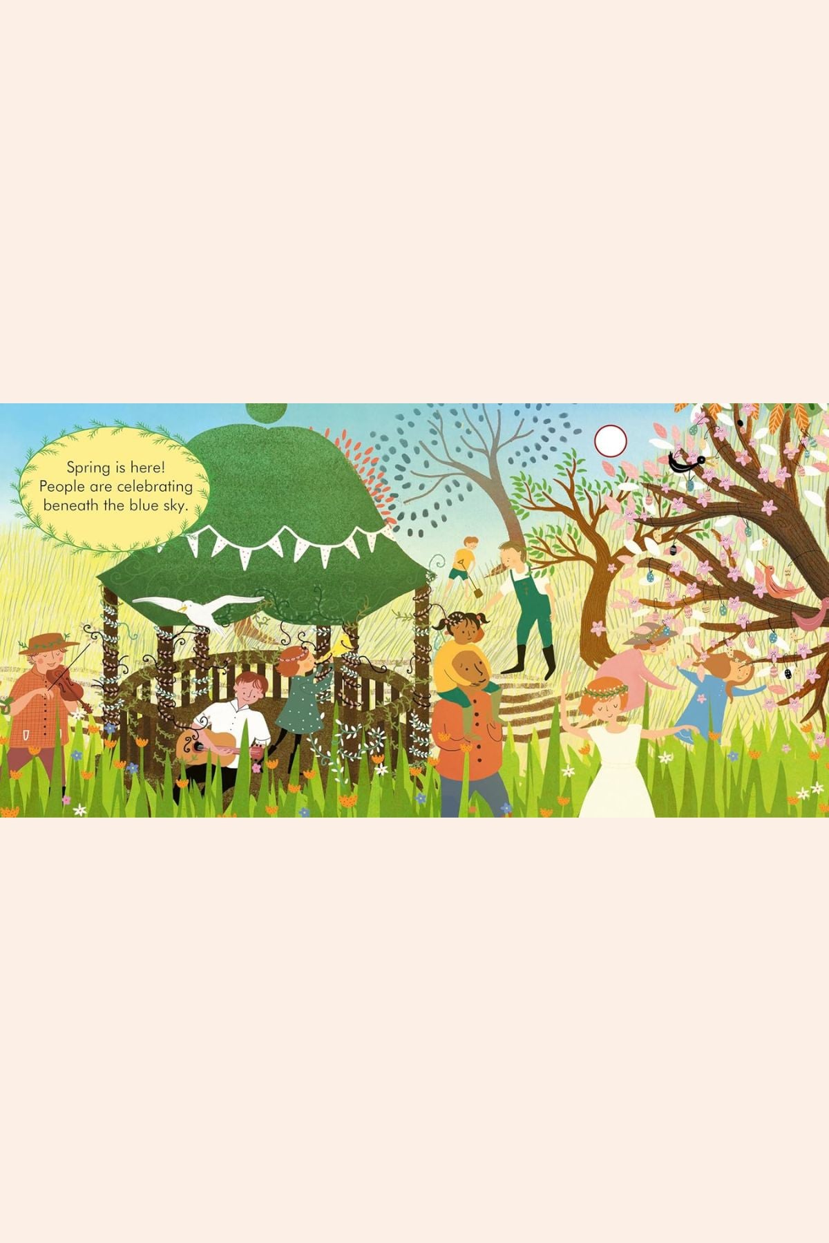 My First Story Orchestra: Four Seasons in One Day -  Strawberries & Cream - Ingrid Lewis - Designer
Illustration of people enjoying a spring day outdoors with trees and a gazebo.