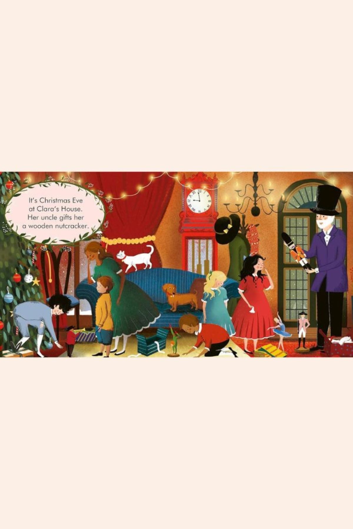 My First Story Orchestra: The Nutcracker -  Strawberries & Cream - Ingrid Lewis - Designer
Illustration of a family on Christmas Eve with children playing and a father opening a present.