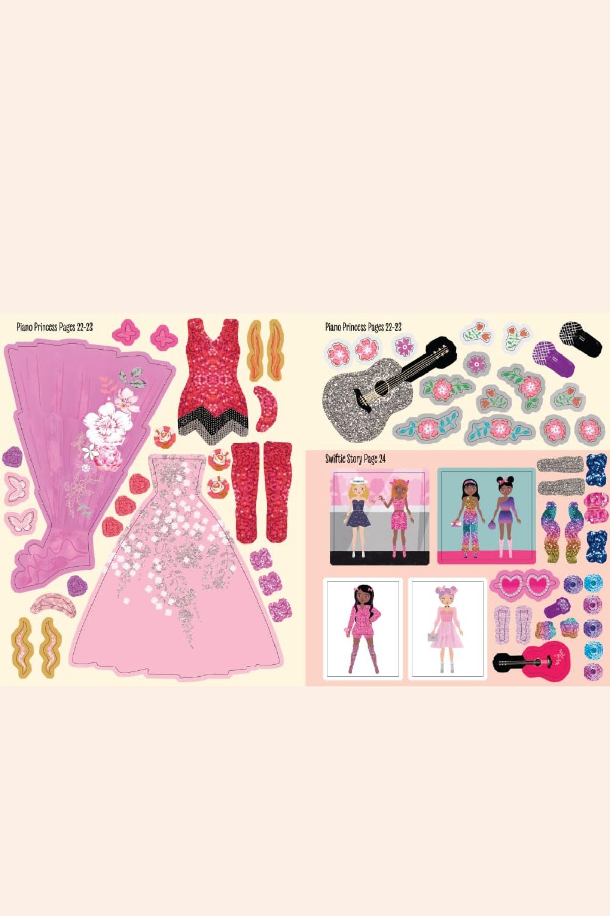 My Sticker Dress up - Swifties - Strawberries & Cream - Ingrid Lewis - Designer
Collection of pink paper dolls and accessories on a beige background