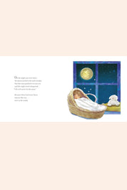 On The Night You Were Born - Strawberries & Cream - Ingrid Lewis - Designer
Illustration of a baby crib with a teddy bear next to a window showing a night sky with a moon.