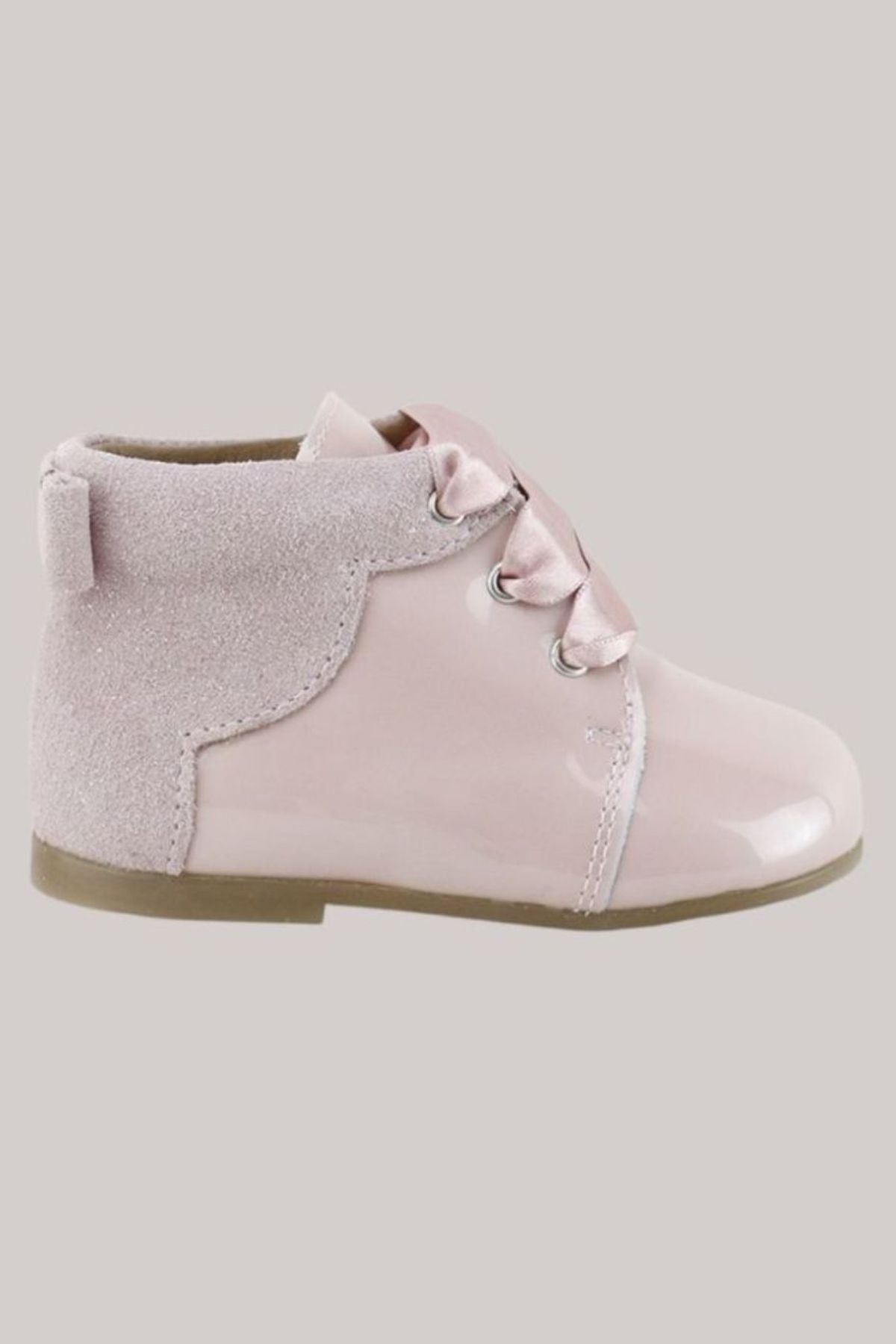 Patent Boots Old Rose -  Strawberries & Cream- baby - Handmade - Luxury - Ingrid Lewis - Designer 
Pink and grey baby boot with bow.