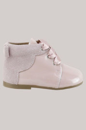 Patent Boots Old Rose -  Strawberries & Cream- baby - Handmade - Luxury - Ingrid Lewis - Designer 
Pink and grey baby boot with bow.