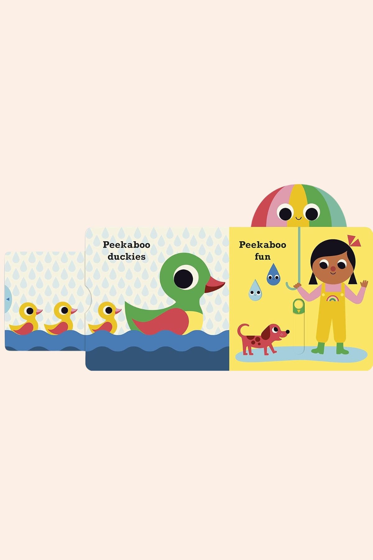 Peekaboo Chick - Strawberries & Cream - Ingrid Lewis - Designer
Children's book with colorful illustrations of a duck and a girl with a rainbow umbrella.