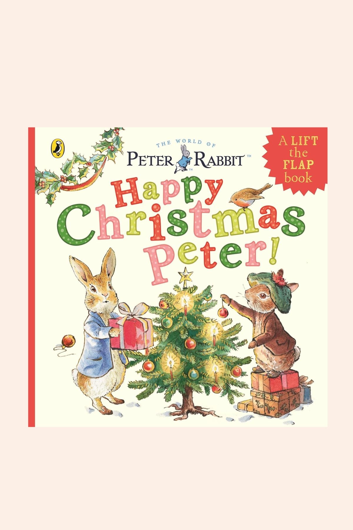 Peter Rabbit: Happy Christmas Peter! - Ingrid Lewis -Designer - Strawberries & Cream  
Book cover of 'Happy Christmas Peter!' featuring Peter Rabbit and a Christmas tree.