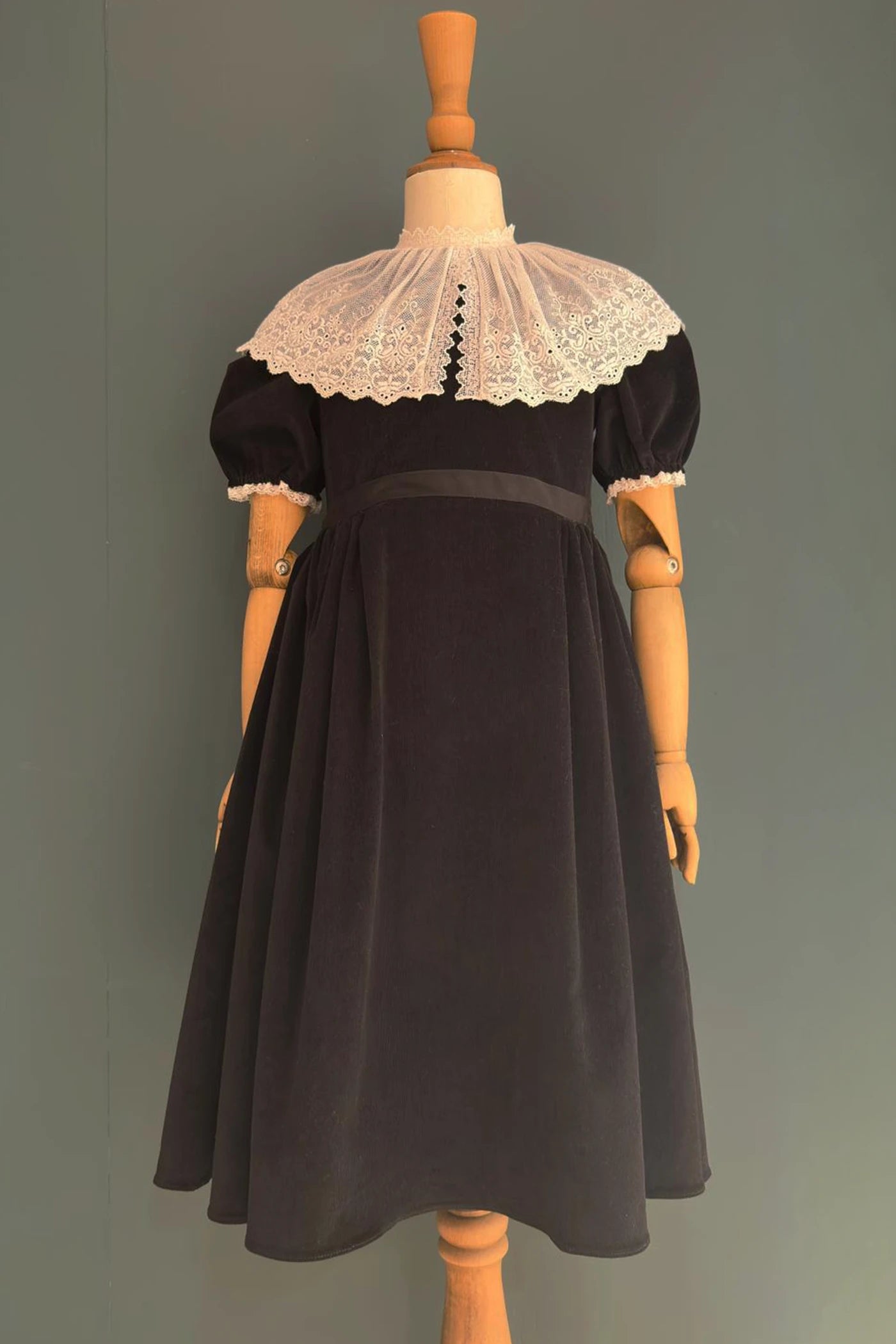 Queen Dress Black Babycord with Victorian Lace Collar - Designed by Ingrid Lewis - Strawberries and Cream