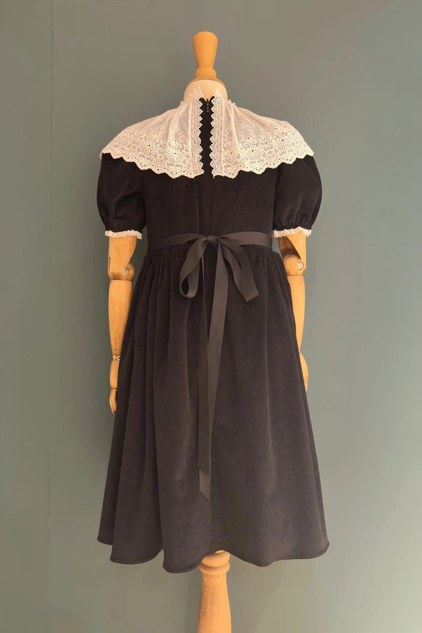 Queen Dress Black Babycord with Victorian Lace Collar - Designed by Ingrid Lewis - Strawberries and Cream