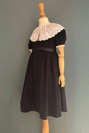 Queen Dress Black Babycord with Victorian Lace Collar - Designed by Ingrid Lewis - Strawberries and Cream