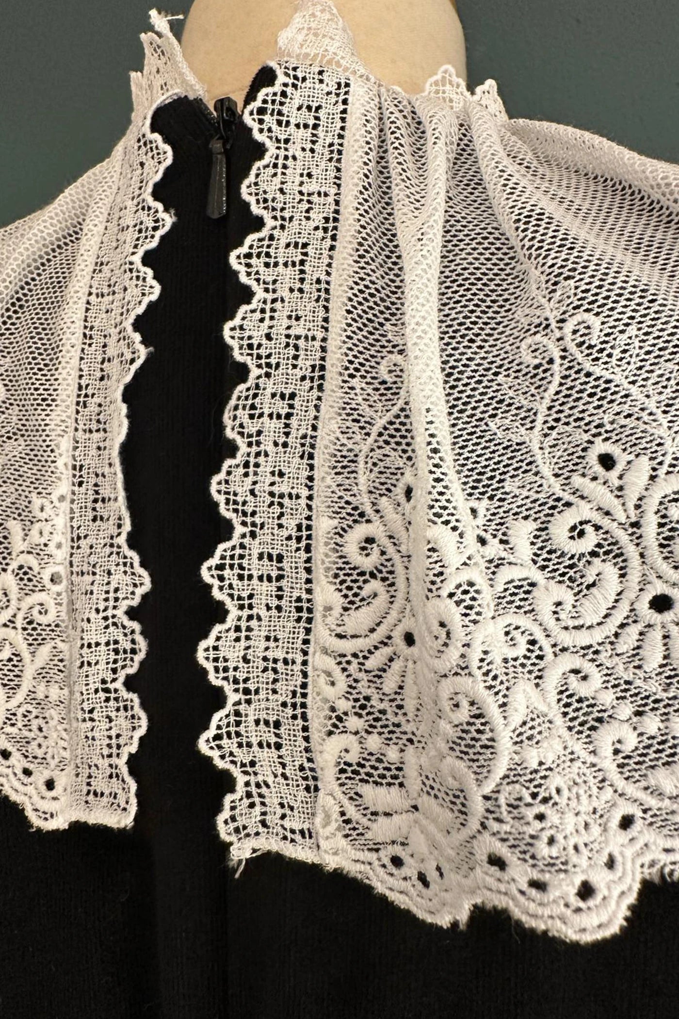 Queen Dress Black Babycord with Victorian Lace Collar - Designed by Ingrid Lewis - Strawberries and Cream