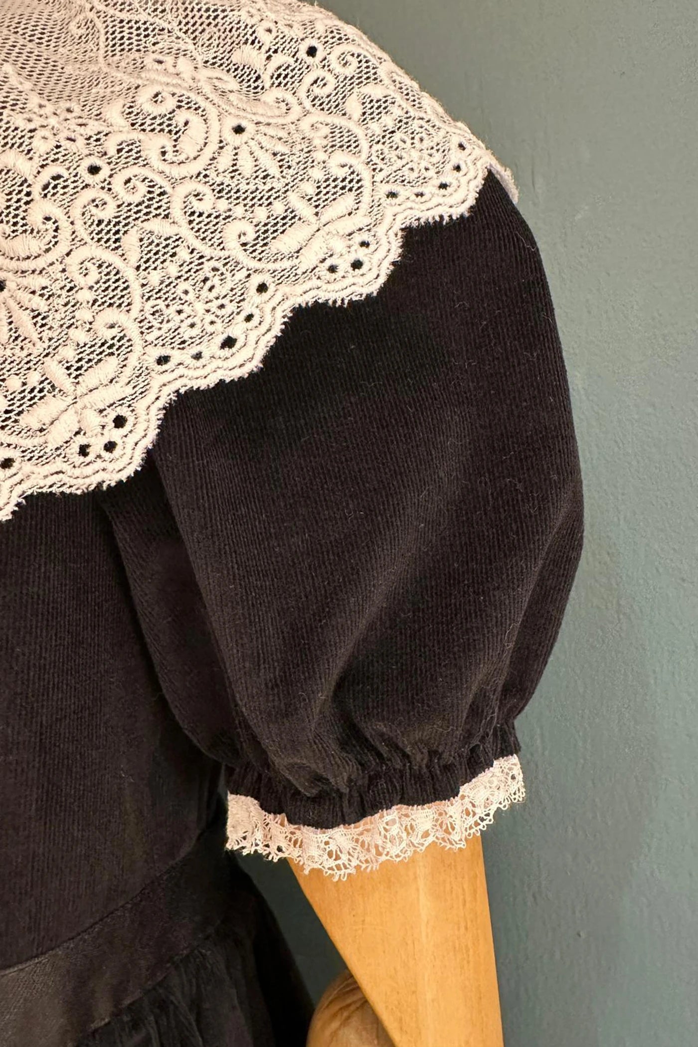 Queen Dress Black Babycord with Victorian Lace Collar - Designed by Ingrid Lewis - Strawberries and Cream