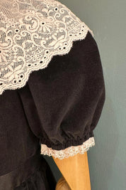 Queen Dress Black Babycord with Victorian Lace Collar - Designed by Ingrid Lewis - Strawberries and Cream