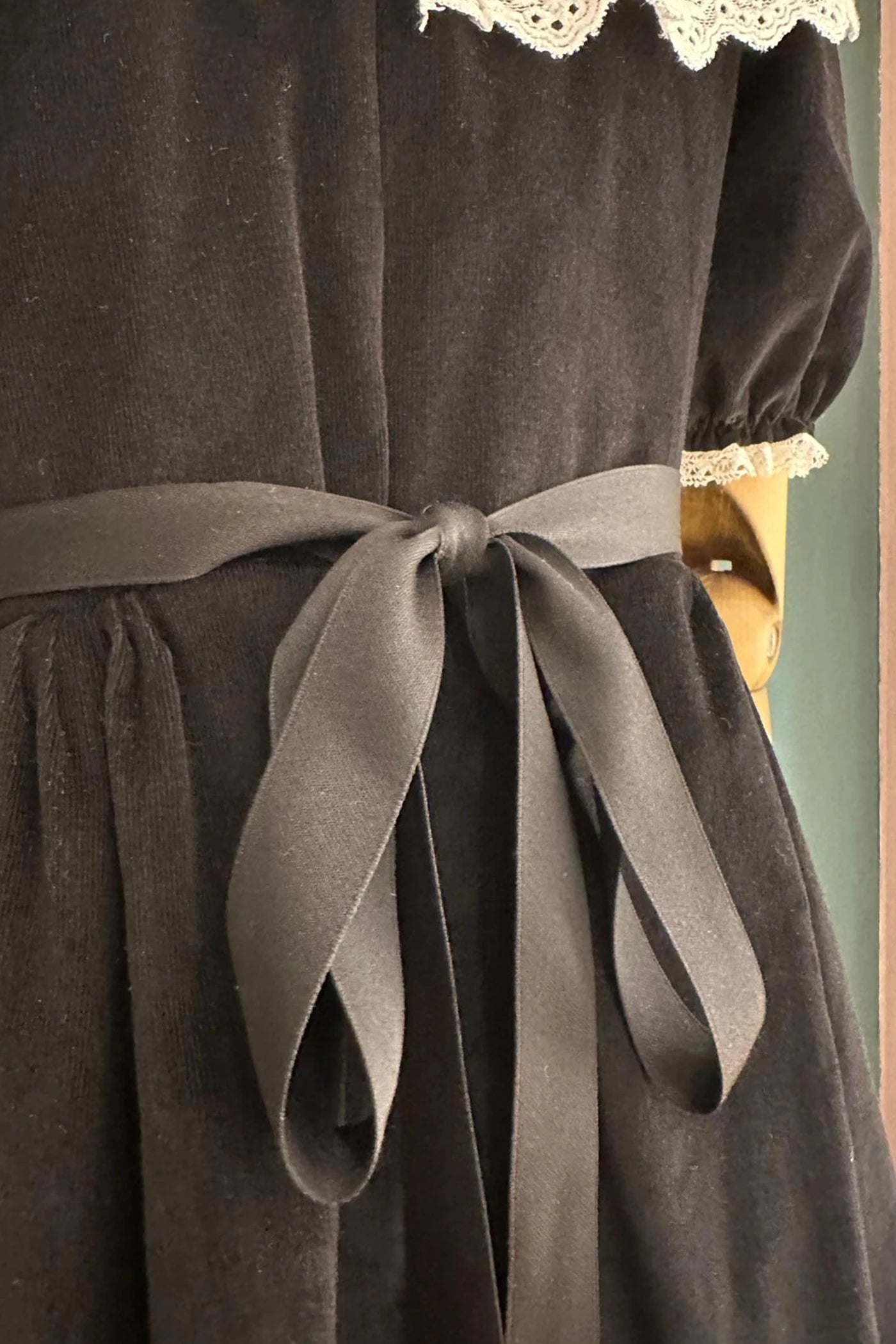 Queen Dress Black Babycord with Victorian Lace Collar - Designed by Ingrid Lewis - Strawberries and Cream