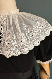 Queen Dress Black Babycord with Victorian Lace Collar - Designed by Ingrid Lewis - Strawberries and Cream