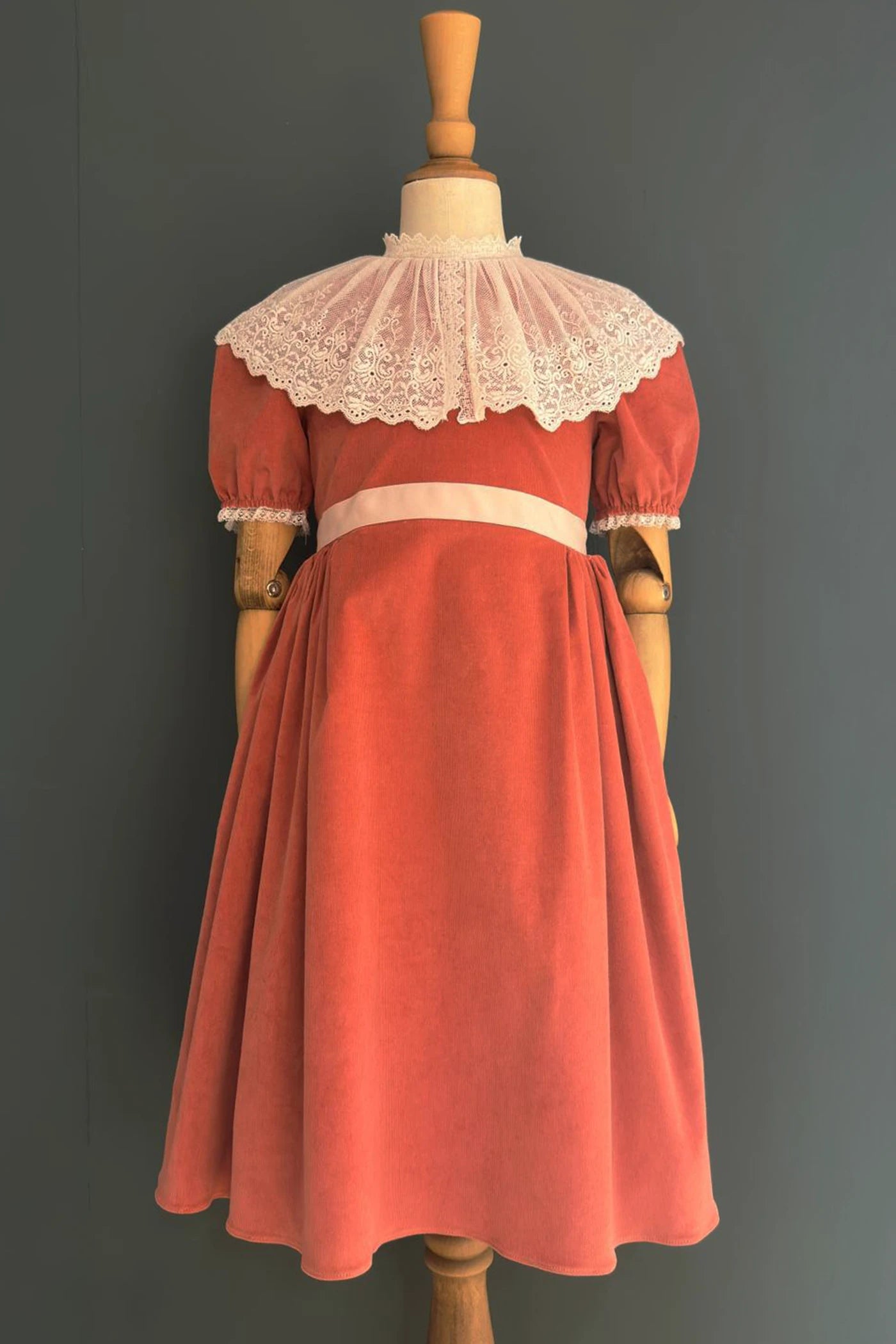 Queen Dress Pink Babycord with Victorian Lace Collar - Designed by Ingrid Lewis - Strawberries and Cream