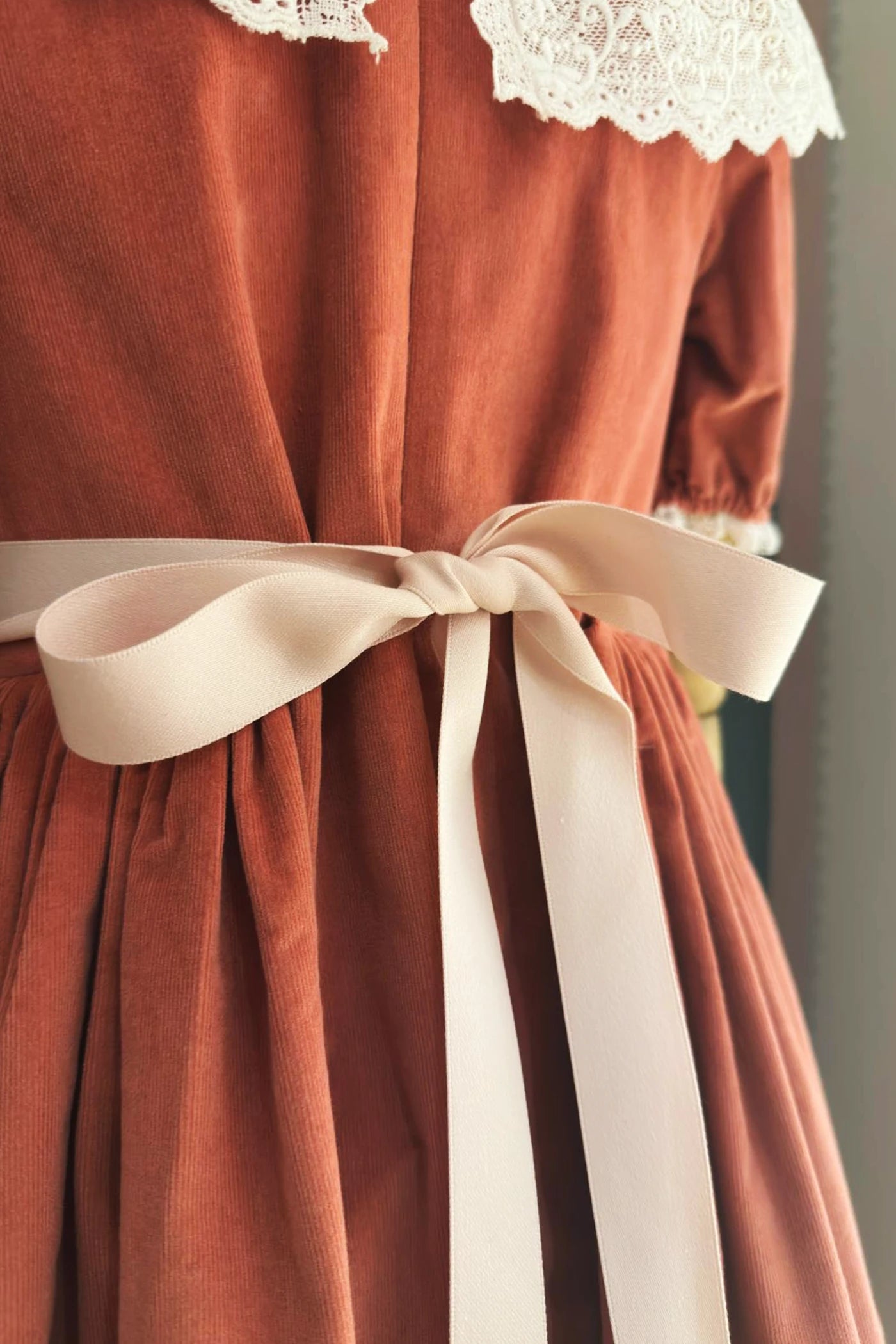 Queen Dress Pink Babycord with Victorian Lace Collar - Designed by Ingrid Lewis - Strawberries and Cream