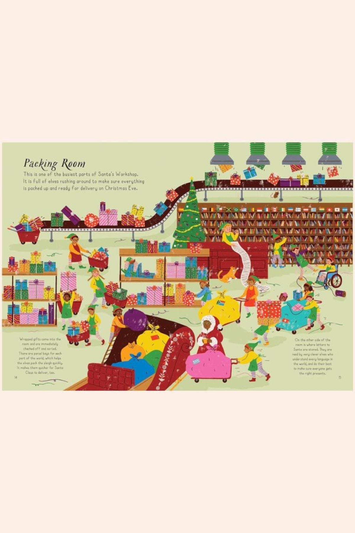 Santa's Workshop - Strawberries & Cream - Ingrid Lewis - Designer
Illustration of a colorful packing room with various objects and people.