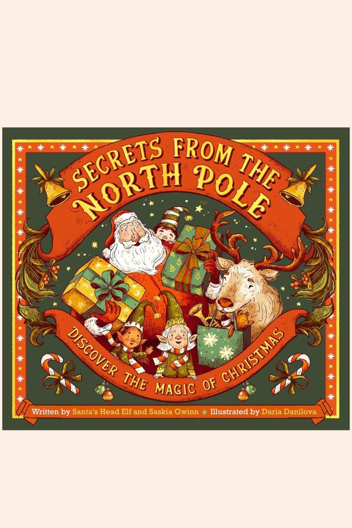 Secrets from the North Pole - Strawberries & Cream - Ingrid Lewis - Designer
Book cover of 'Secrets from the North Pole' with Santa Claus and reindeer on a festive background.