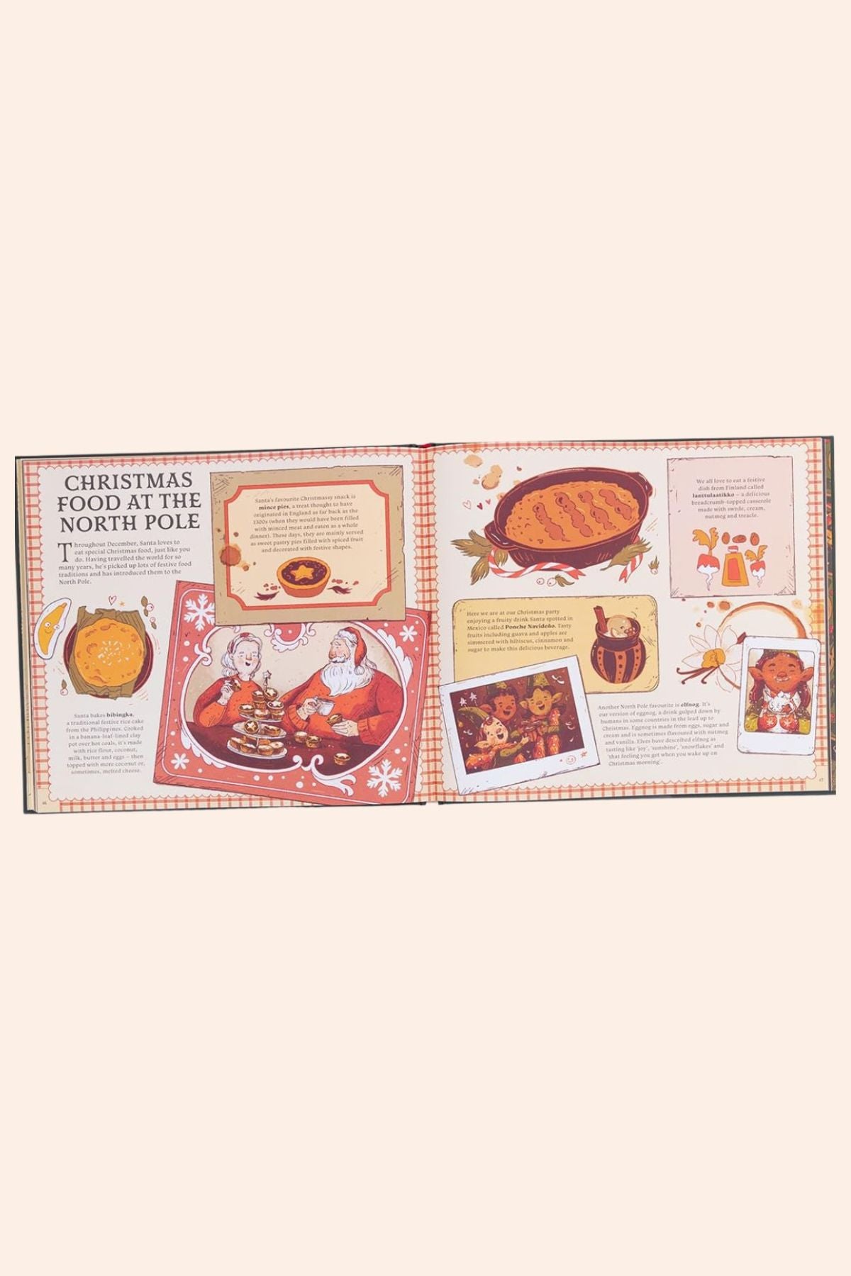 Secrets from the North Pole - Strawberries & Cream - Ingrid Lewis - Designer
Illustrated book or magazine open to a page about Christmas food at the North Pole on a white background.