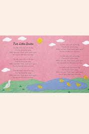 Sing With Your Baby Every day - Strawberries & Cream - Ingrid Lewis - Designer
Children's nursery rhyme poster with 'Five Little Ducks' text on a pink background with ducks and a pond illustration.
