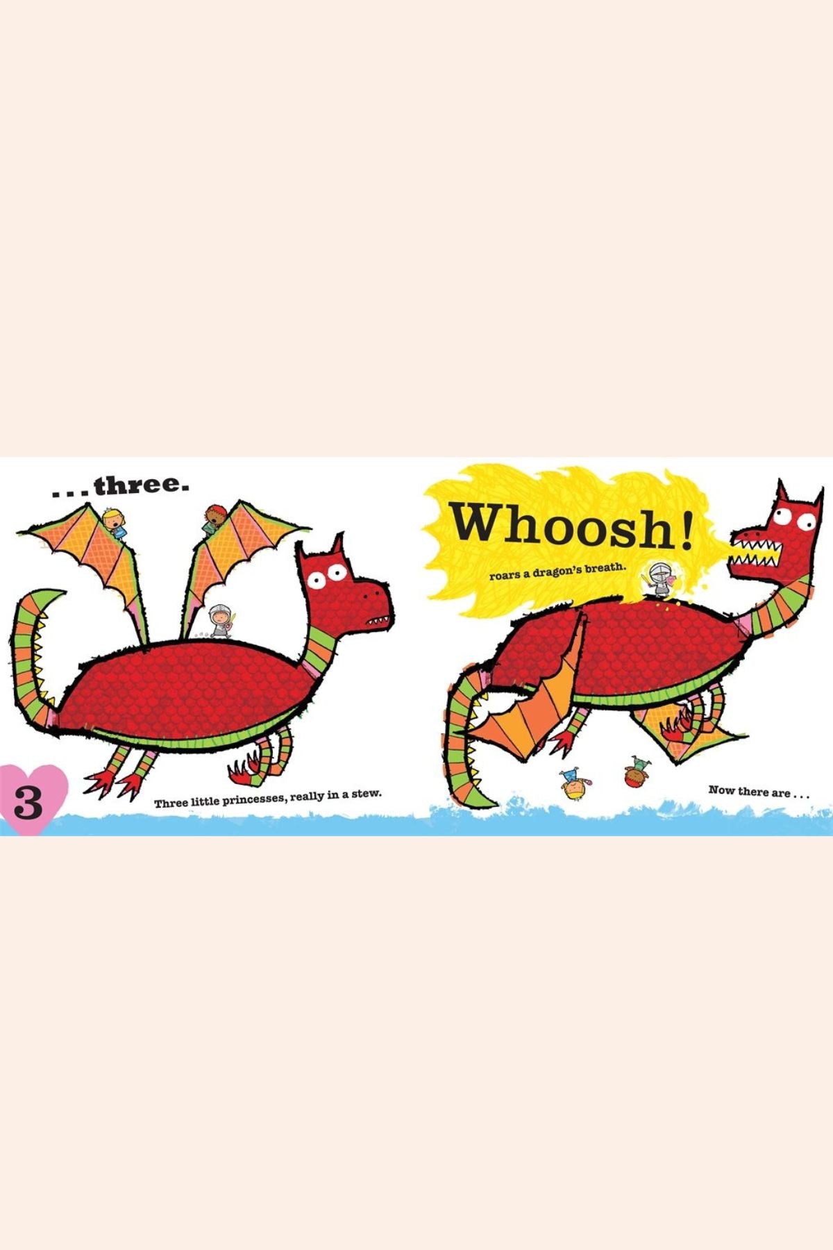 Ten Little Princesses - Strawberries & Cream - Ingrid Lewis - Designer Children's book cover with two dragons and the word 'Whoosh!' 