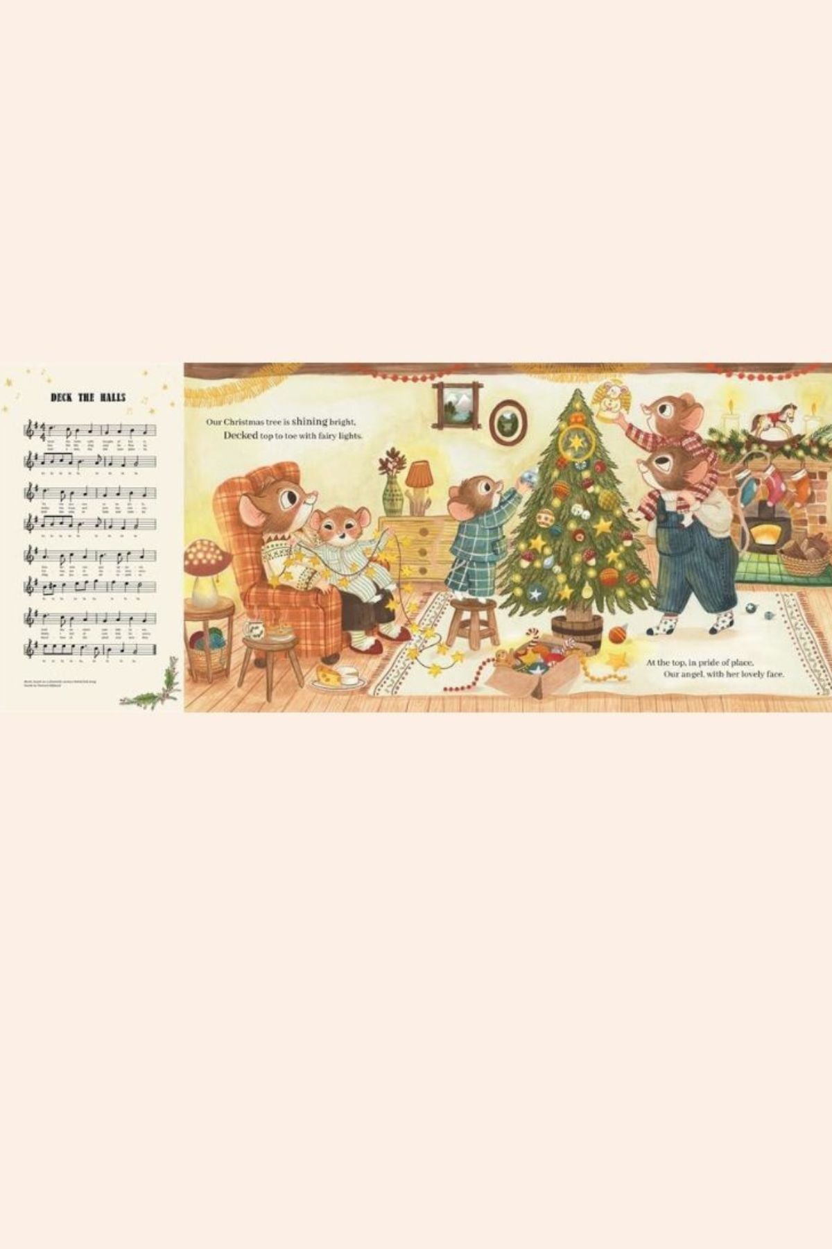 The Christmas Songbook - Strawberries & Cream - Ingrid Lewis - Designer 
Illustration of children decorating a Christmas tree with music sheet on the left.