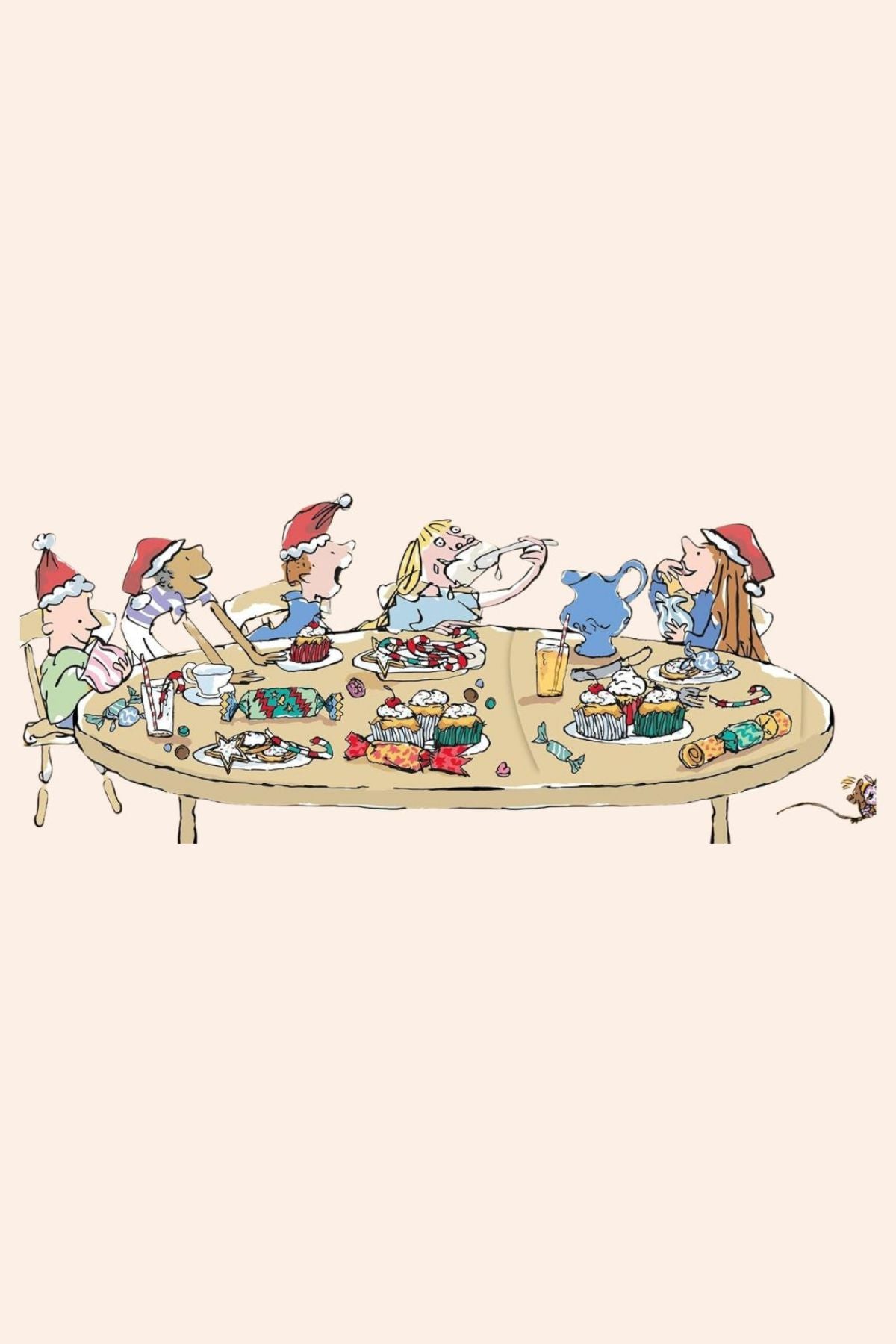  Pop Up - Strawberries & Cream - Ingrid Lewis - Designer
Illustration of a group of people sitting around a table with festive decorations on a beige background