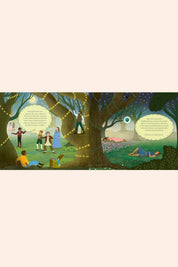 The Story Orchestra: A Midsummer Night's Dream - Strawberries & Cream - Ingrid Lewis - Designer
Illustration of a group of people under a tree with string lights in a park setting.