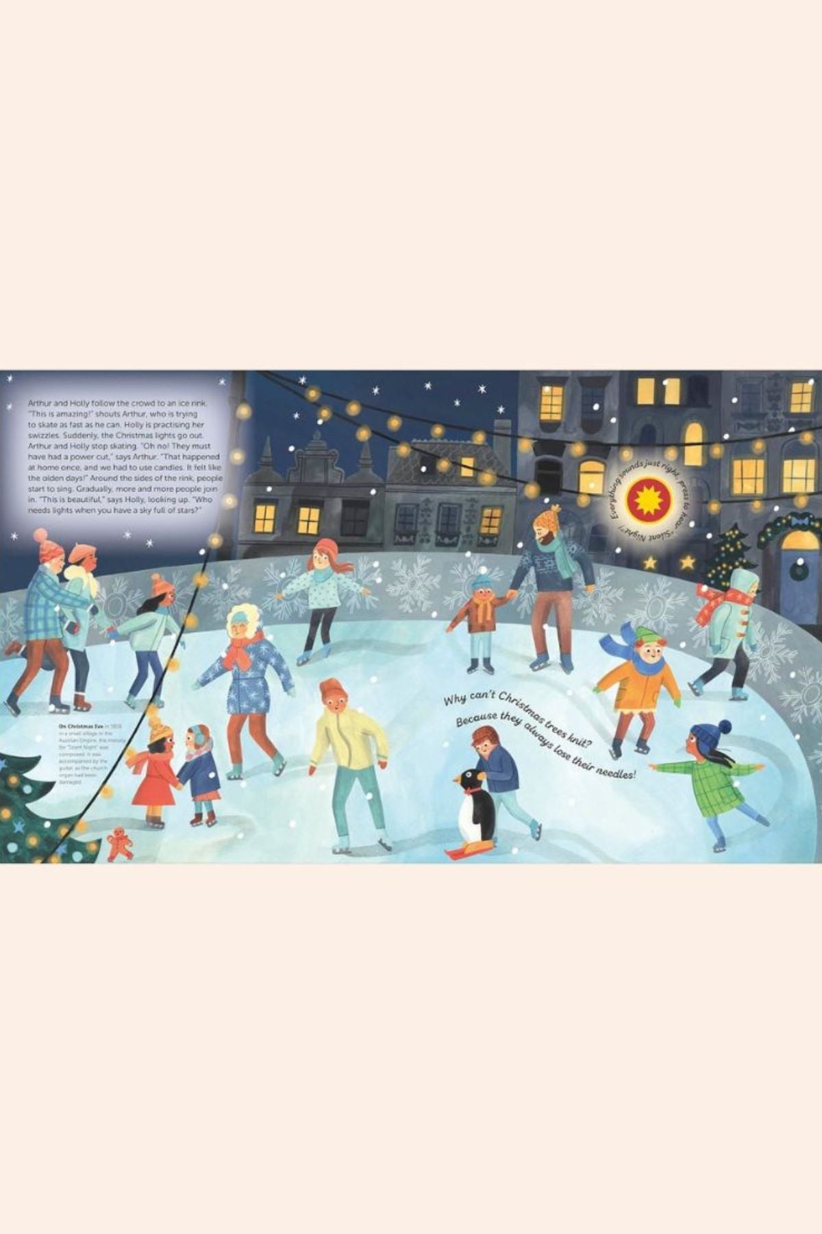The Very Young Person's Guide to Christmas & Carols - Strawberries & Cream - Ingrid Lewis - Designer
Illustration of people skating on an ice rink with a snowy village background.