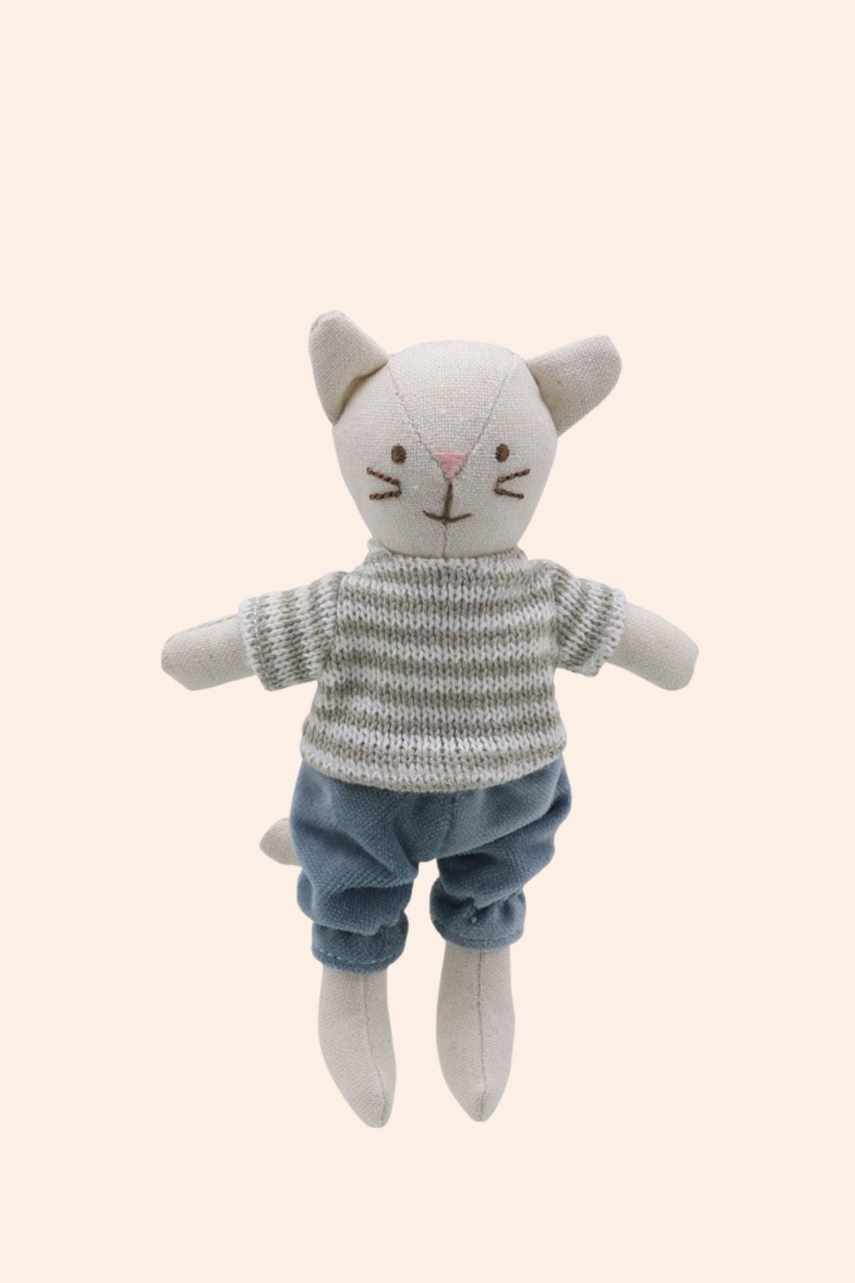 Wilberry - Collectables - Cat Boy - Strawberries & Cream - Ingrid Lewis - Designer Stuffed toy cat wearing a striped sweater and blue pants.