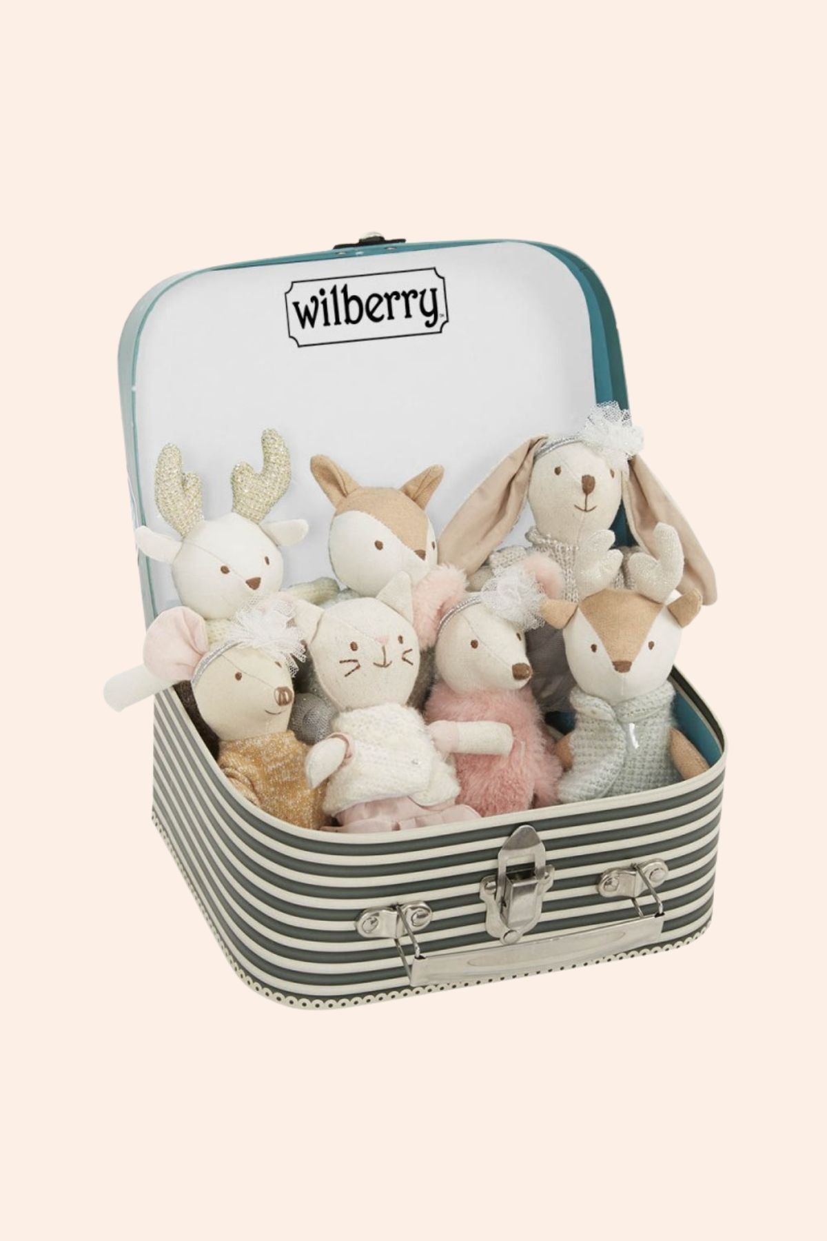 Wilberry - Collectables - Cat Boy - Strawberries & Cream - Ingrid Lewis - Designer
 Striped suitcase filled with plush toys on a white background, featuring the 'wilberry' brand.