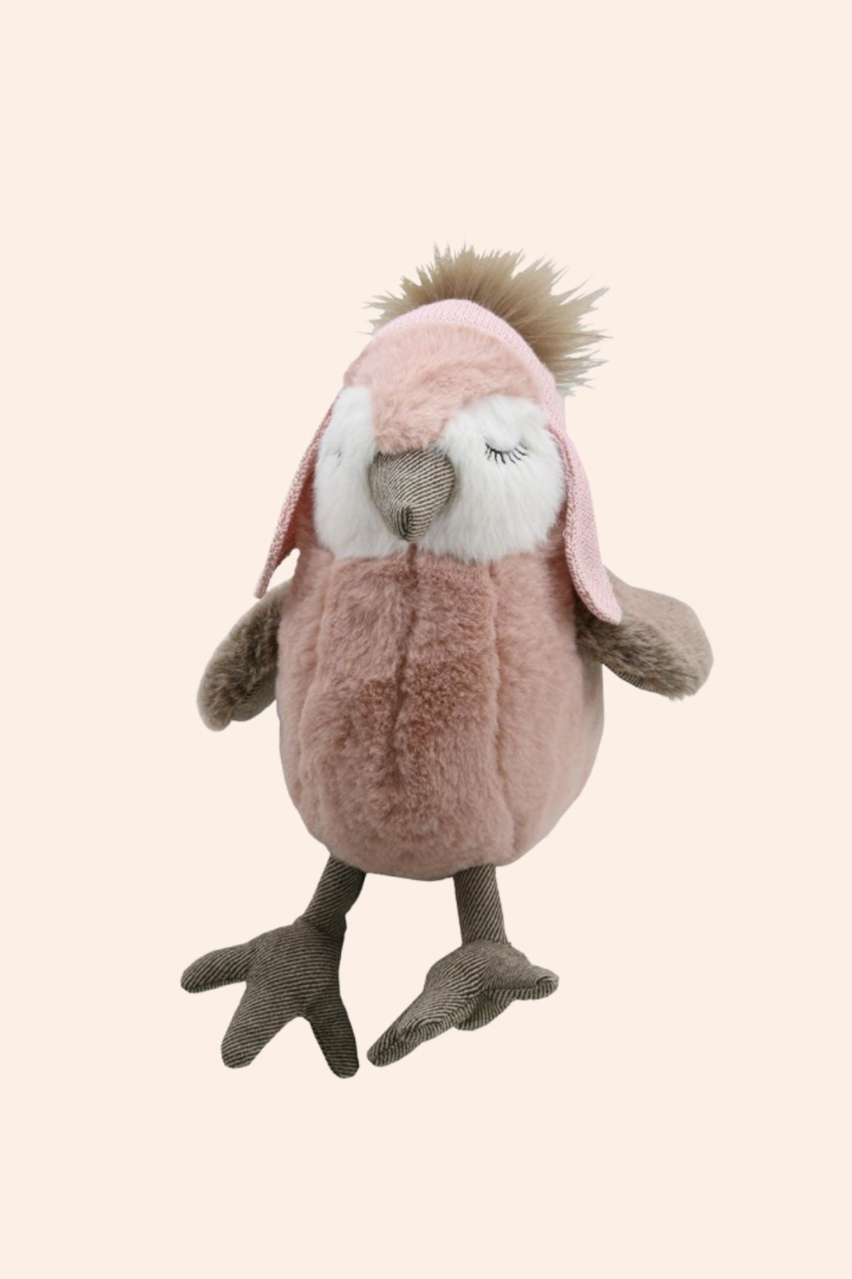 Wilberry - Snuggles - Bird Pink - Strawberries & Cream - Ingrid Lewis - Designer
Plush toy owl with pink head and brown body on a light beige background