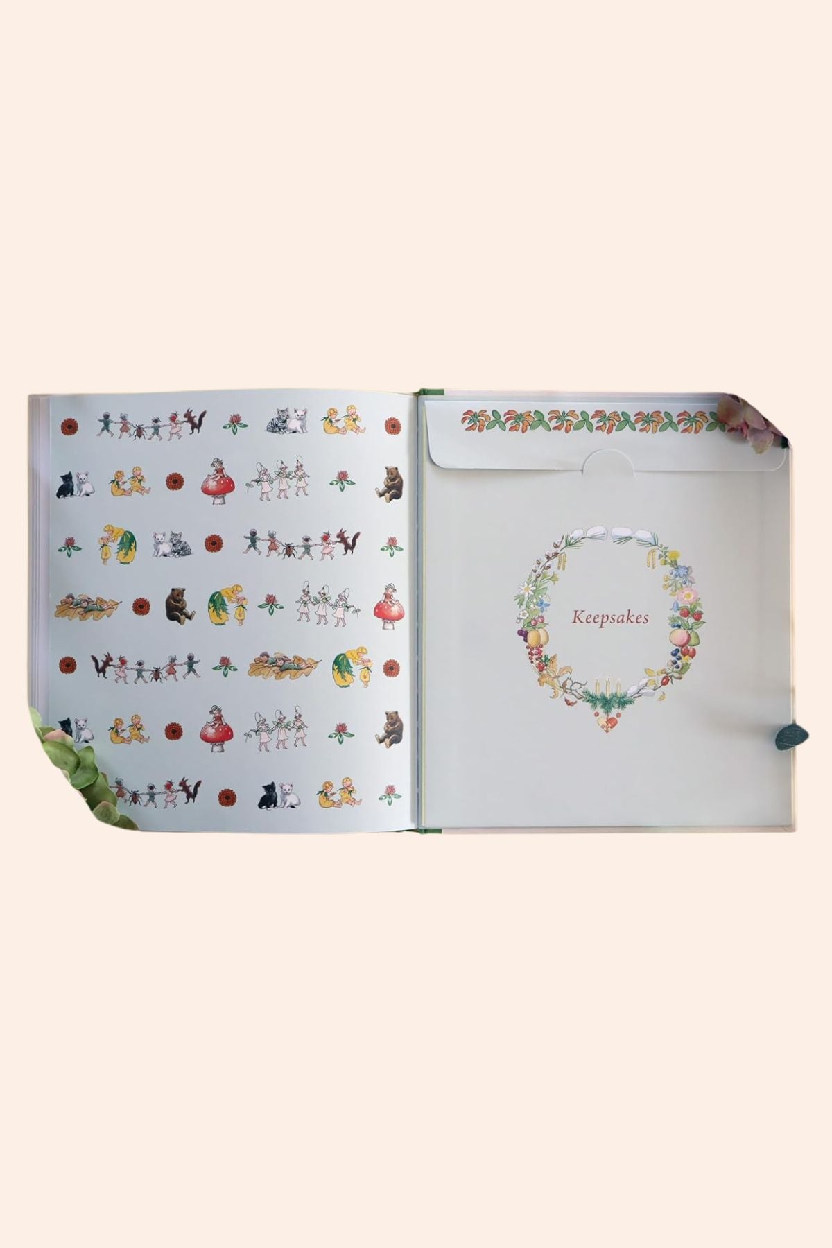 Your Elsa Beskow Baby Book - A Memory Book of Your First Years - Strawberries & Cream - Ingrid Lewis - Designer
Open book with illustrations on a white background